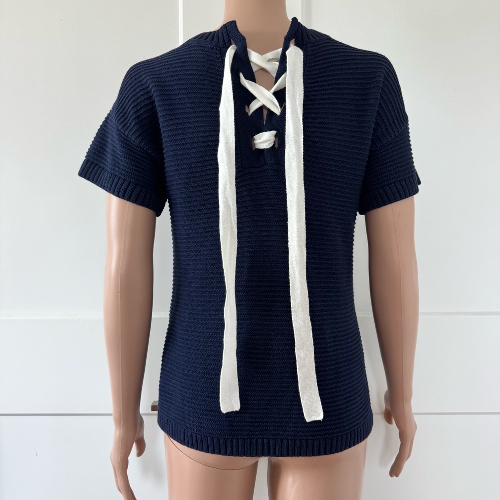 Gap Navy Blue Ribbed Short Sleeves Sweater Tee Top White Tie Strap XSP XS Petite - Picture 3 of 4